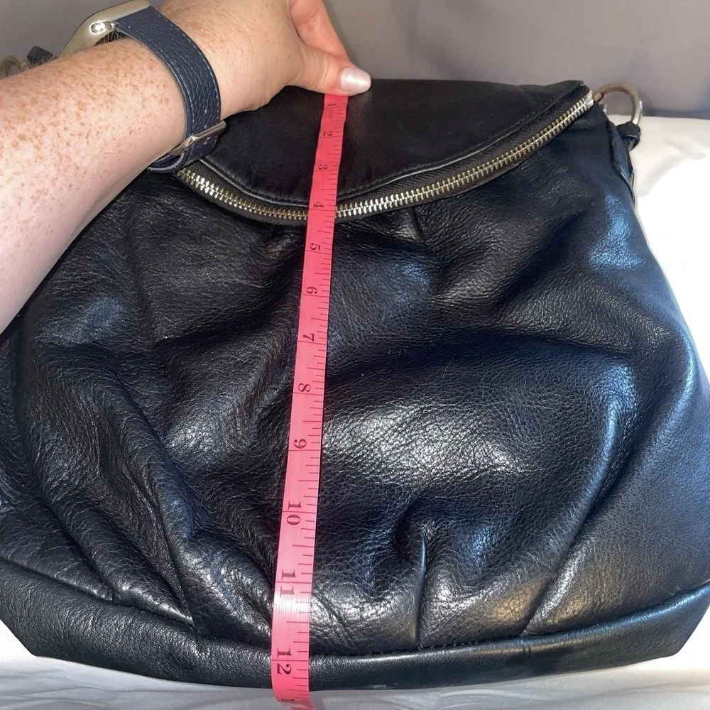 Margot Soft Black Leather Medium Shoulder Hobo Bag Zip Fold Over Purse